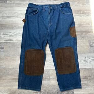 JD American Workwear Jeans Blue Denim Brown Suede Patch Carpenter Pants 40x28